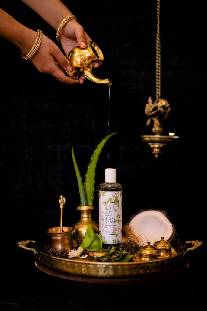 A vibrant composition of traditional Indian hair care using aloe vera and shampoo in a cultural setting.